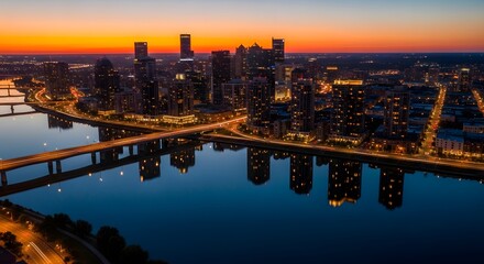 Fototapeta premium Aerial cityscape at twilight shows city lights reflecting in the river below a bridge against a colorful sunset sky. Modern structures line the shore.