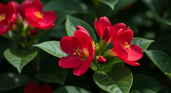 Vibrant red jatropha integerrima flowers blooming amidst lush green foliage outdoors