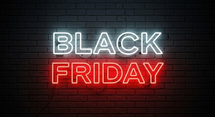 Obraz premium White and red neon letters spelling Black Friday on brick wall sign text