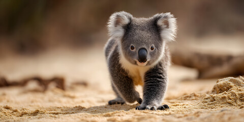 Obraz premium Adorable koala bear strolling on sandy terrain, captivatingly approaching the camera. This cute koala bear embodies charm as it walks gracefully across the sandy ground, enchanting all who see it.