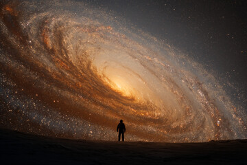 An astronaut's silhouette against the backdrop of a colossal, spiraling galaxy, emphasizing human exploration and the vastness of space