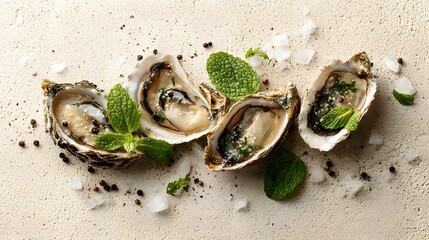 Top-down gourmet arrangement of opened oysters with mint leaves on light textured surface.
