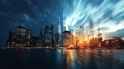 Fototapeta premium Stunning Cityscape at Dusk and Dawn with Dramatic Sky and Glowing City Lights Over Reflective Water Surface