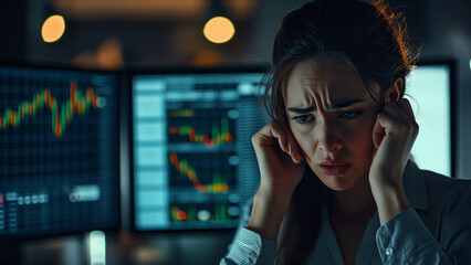 White female investor or day trader, disturbed expression, copy space