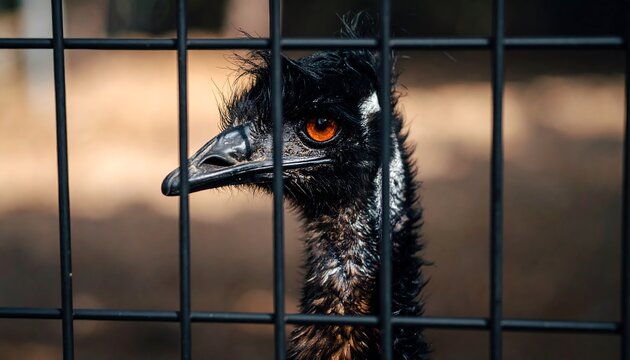 Close-up of an emu behind a wire fence - Powered by Adobe
