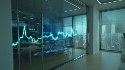 Modern office interior with financial data projections and cityscape view designed for business and technology related content