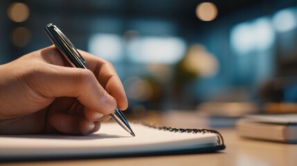 Hand Holding Pen Writing on Notepad in Modern Office with Blurry Background and Soft Lighting for Creative Inspiration