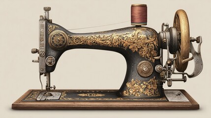 Intricate vintage sewing machine with gold floral designs on a wooden base