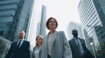 Diverse group of professionals walking confidently in a modern business district during a sunny day in the city