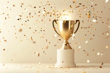 Shiny trophy on white podium with golden confetti burst, soft spotlight glow, clean studio background, winner celebration.