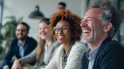 Obraz premium Group of diverse professionals in an office sharing laughter and smiles during a meeting or collaborative discussion