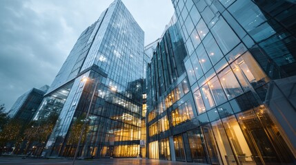 Fototapeta premium Modern Glass Buildings at Dusk Showcasing Elegant Architecture and Soft Lighting in an Urban Cityscape Environment