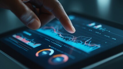 Detailed Close-Up of Finger Interacting with Digital Financial Data on a Tablet Screen in Dark Environment