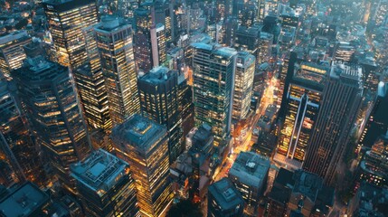 Obraz premium Aerial View of City Skyline at Dusk with Illuminated Buildings and Streets in Urban Landscape