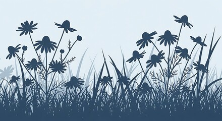 Silhouette of wild flowers and grass against a light blue gradient background