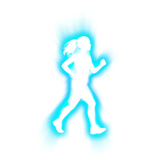 Silhouette of running woman with blue glowing burst on transparent background
