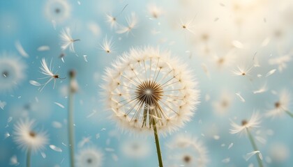 Close-up of dandelion seeds floating in the air with a soft, sky blue background. The image conveys the feeling of lightness, freedom, and nature