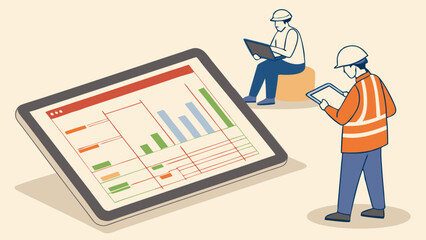 Construction Workers Reviewing Data on Tablet Devices with Charts.