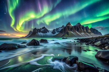 Majestic aurora borealis dances over dramatic icelandic coastline and jagged mountains