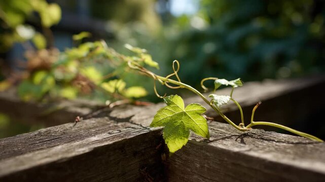 A detailed close-up shot of a green leaf resting on weathered wood, capturing the intricate beauty of nature and the interconnection between organic life and rustic elements.