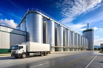 Modern industrial facility with large silos and a delivery truck under a blue sky