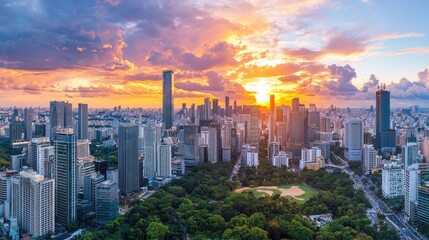 Fototapeta premium Stunning Cityscape at Sunset Over Urban Skyline with Dramatic Clouds and Green Parks