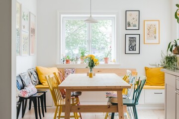 Fototapeta premium Cozy dining room with white walls, light wood floors, colorful chairs, yellow bench, and small framed art above the wooden table.