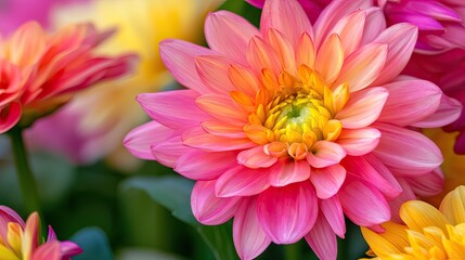Fototapeta premium Vibrant Dahlia Flowers in Various Shades of Pink and Yellow, Close-Up View, Blooming Nature, Fresh Floral Arrangement