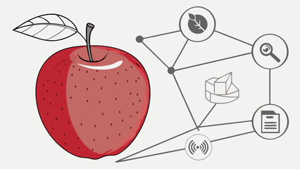 Red Apple with Leaf and Connected Network of Icons.
