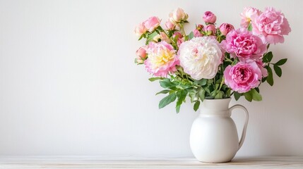 Naklejka premium Elegant Arrangement of Pink and White Flowers in Simple White Vase on Light Wooden Table Against Soft Background