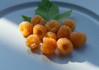 Fresh Yellow raspberries on blue plate.