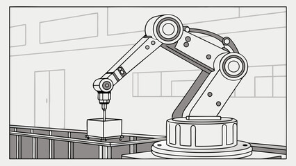 Robotic arm working on a box on a conveyor belt.
