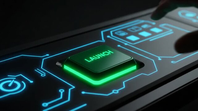 Hand pressing launch button on futuristic control panel