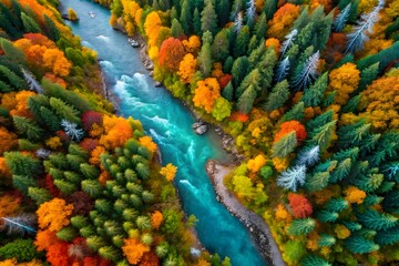 Fototapeta premium Vibrant autumn forest canopy with turquoise river from above