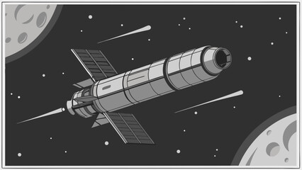 Spacecraft in Orbit with Moons in the Background.