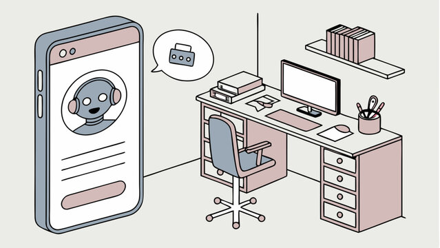 Smartphone App Interface with Robot Customer Service Agent and Desk Setup.