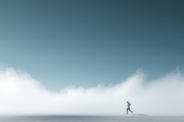 Fototapeta premium Solitary figure running through misty landscape under a vast, blue sky evoking feelings of freedom, endurance, and determination in a minimalist natural setting