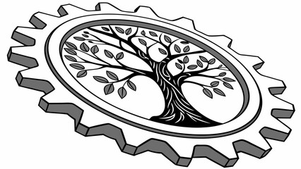 Tree of Life Inside a Gear Black and White Illustration.