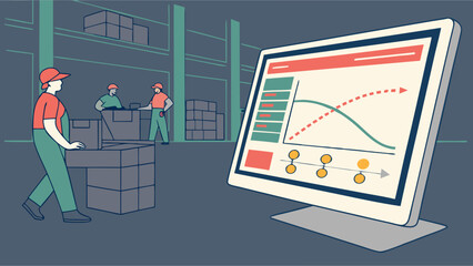 Warehouse Workers and Inventory Management System Display.