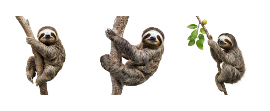 Collection of Sloth moving Crawls slowly along branches or the ground. full length isolate on transparent background