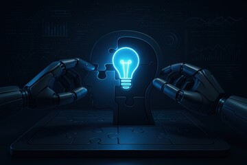 Illuminating Innovation: Two robotic hands converge to complete a jigsaw puzzle, with the final piece featuring a glowing light bulb, a symbolic representation of creative thinking.