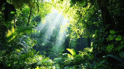 Obraz premium Sunlight Filtering Through Dense Green Foliage in a Vibrant Tropical Rainforest Scene