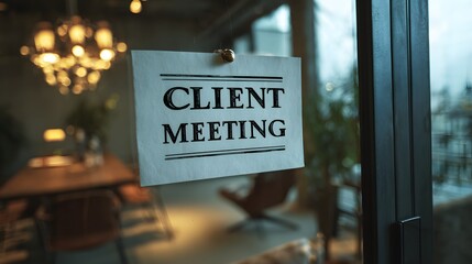 Client meeting paper sign taped neatly on glass wall in modern office.
