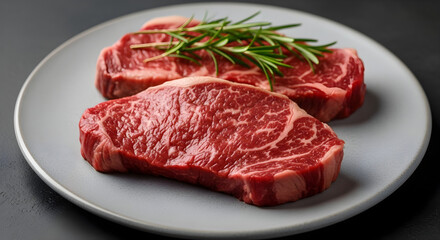 Fototapeta premium Perfectly marbled raw steaks ready for grilling, a delicious butcher's cut for a gourmet meal, promising a flavorful and satisfying culinary experience for discerning food lovers