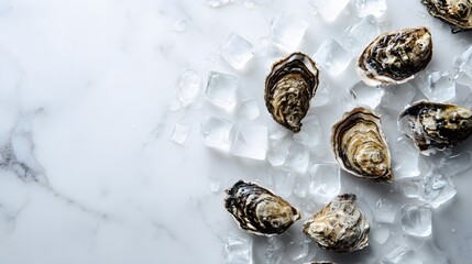 Flat lay of fresh oysters with ice cubes scattered on white surface.
