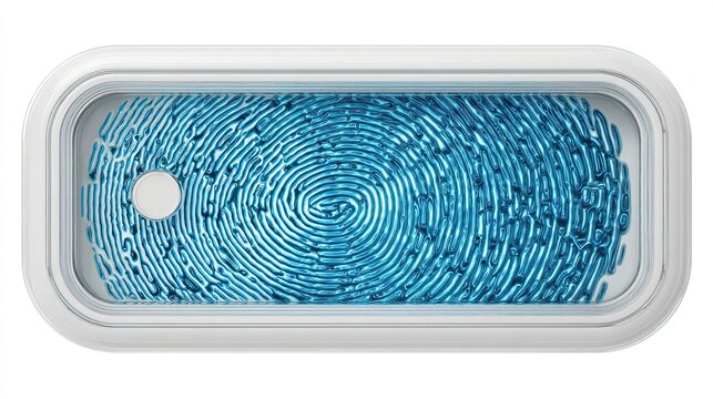 Silver rectangular object with blue fingerprint swirling design, on white - Powered by Adobe