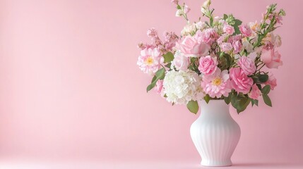 Fototapeta premium Beautiful Arrangement of Pink and White Flowers in Elegant White Vase against Soft Pink Background