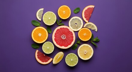 Colorful citrus fruit slices arranged on a vibrant purple background with fresh mint leaves
