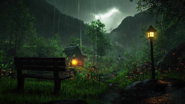 Enchanting rainy forest scene with cozy cabin and inviting glowing light in the distance