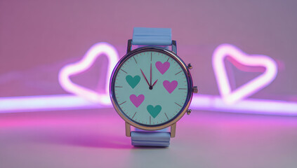Smartwatch with hearts, neon backdrop